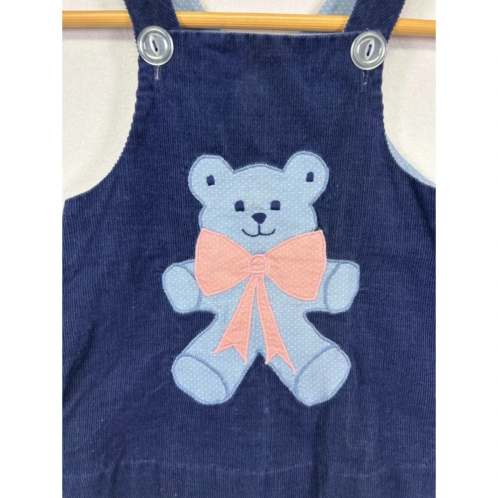 Vintage Humpty Dumpty Duds Baby Navy Corduroy‎ Teddy Bear Jumper Dress 12-18M